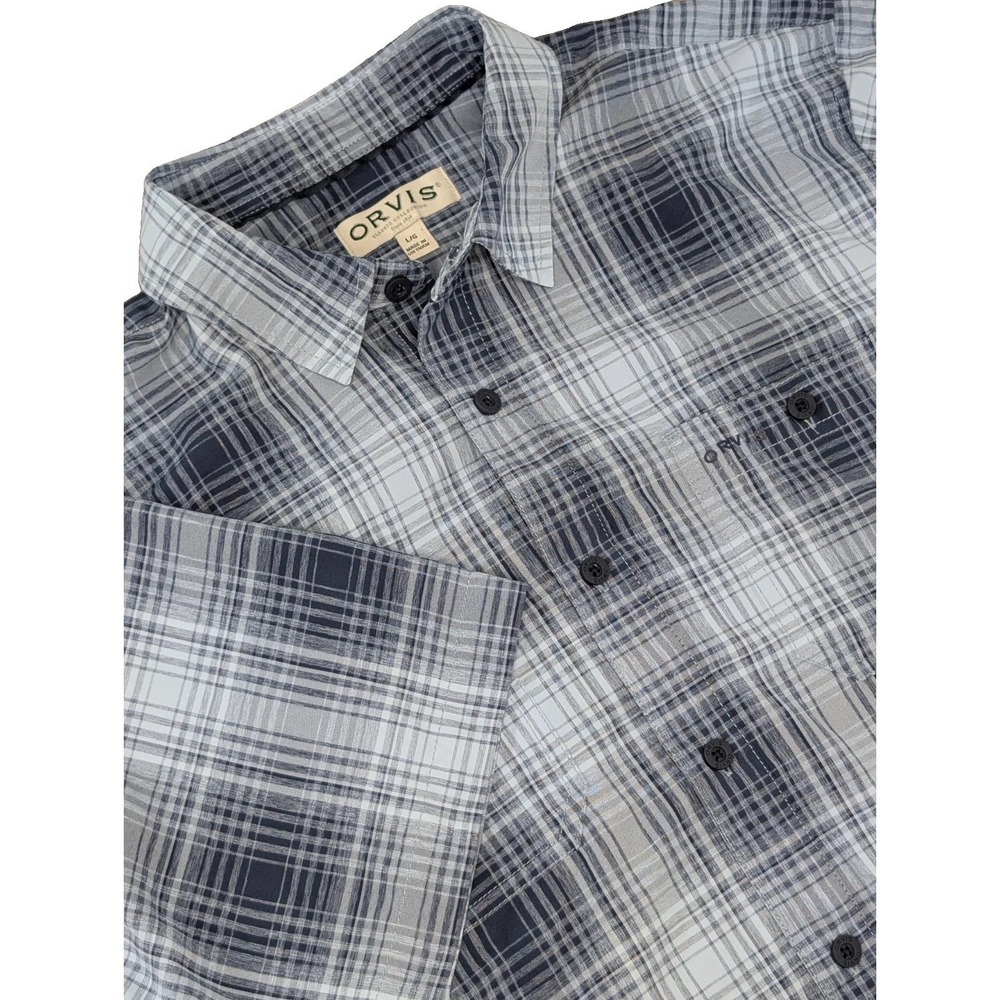 Orvis Shirt Mens Large Gray Plaid Short Sleeve Button Down Polyester Logo
